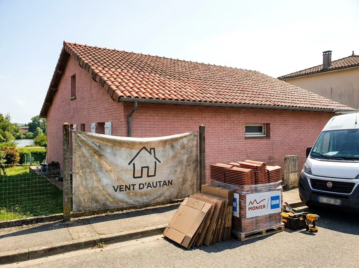 Bâche Vent d'Autan sur la clôture d'une maison en brique rose à Saint-Jean, toit en tuiles canal refait, palette de tuiles neuves au pied du mur
